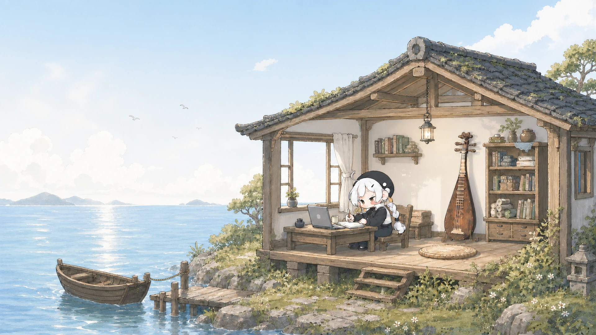 清晨海面旁，一座打开外墙的木屋坐落在低矮岛岸上，斋主正在屋内书桌前写字。